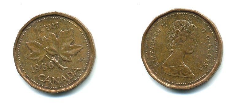 Канада 1 цент 1986 Елизавета II (1952-2022), кленовый лист KM 132 бронза 540-745