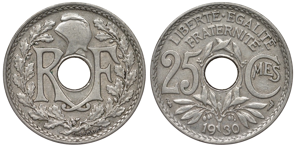 Франция 25 сантимов 1930 тип Lindauer KM 867а, Le Franc 171.14 медно-никель 4128-222