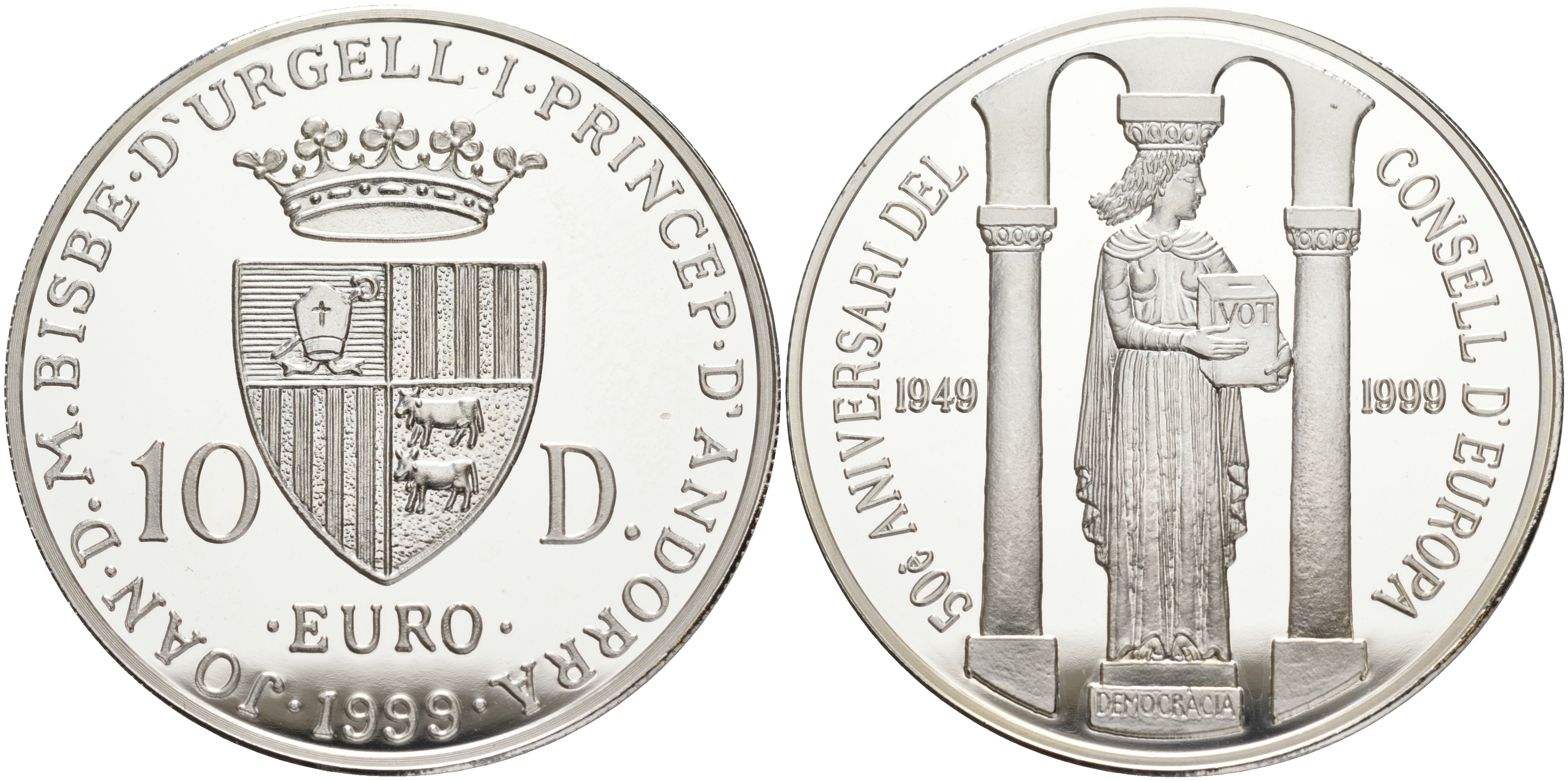 Андорра 10 динеров 1999 50 лет совету Европы, статуя прав человека KM 154 серебро PROOF 11-252-23