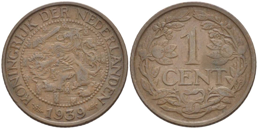 Нидерланды 1 цент 1939 Вильгельмина I (1890-1948) KM 152 бронза 4532-1125
