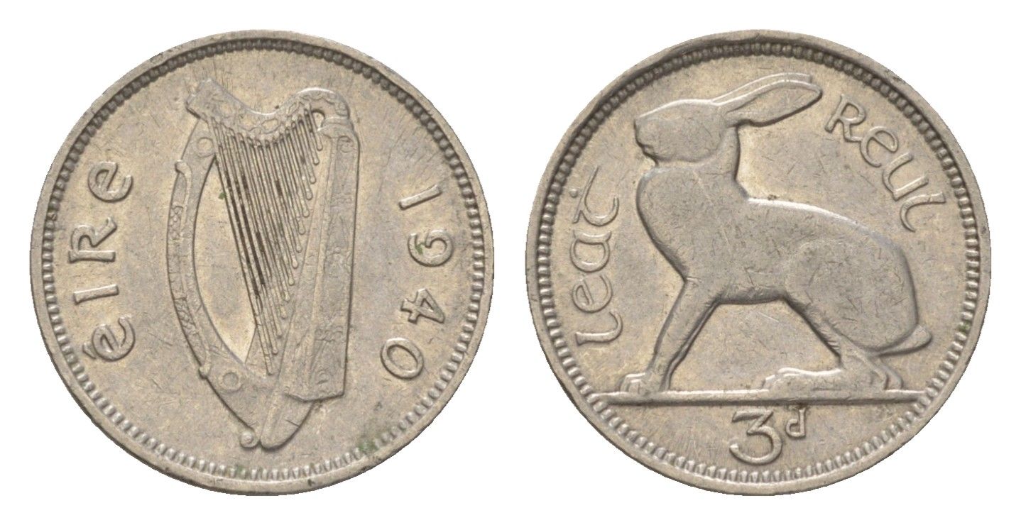 Ирландия 3 пенса 1940 заяц KM 12 никель 4623-629