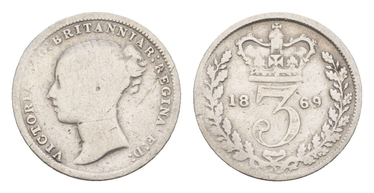 Великобритания 3 пенса 1869 Виктория (1837-1901), редкий год KM 730, Spink 3914 серебро 1520-1241