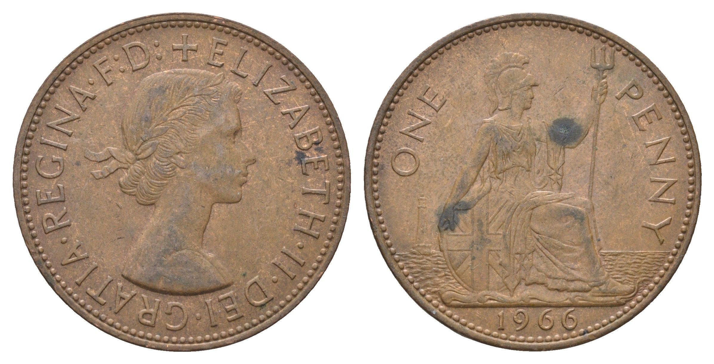 Великобритания 1 пенни 1966 Елизавета II (1952-2022) KM 897, Spink 4157 бронза 4661-932