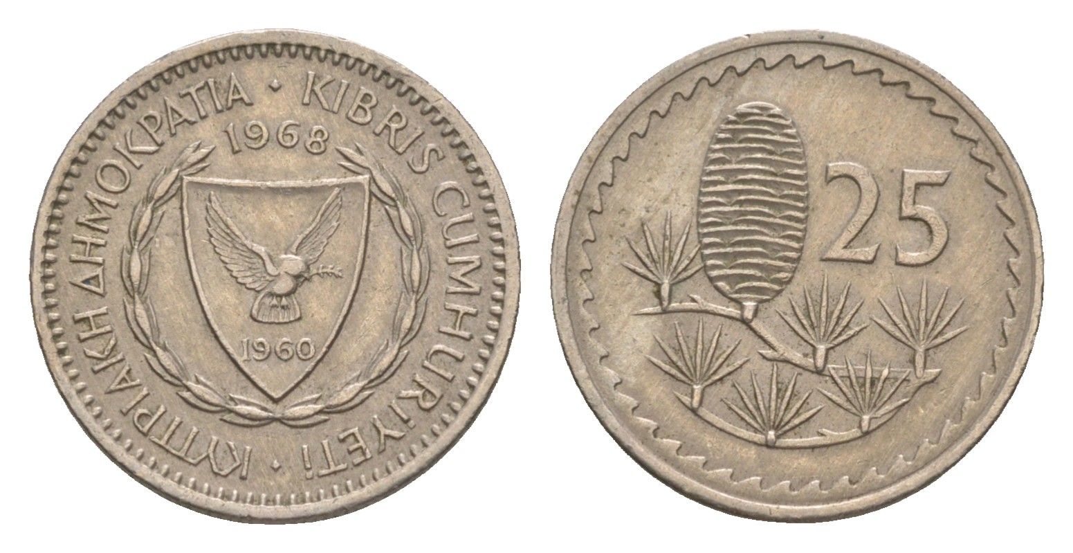 Кипр 25 милей 1968 KM 40 медно-никель 4649-1168