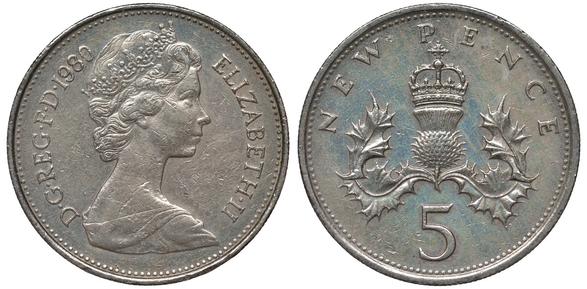 Великобритания 5 пенсов 1980 Елизавета II (1952-2022) KM 911, Spink 4233 (D1) медно-никель 4122-957