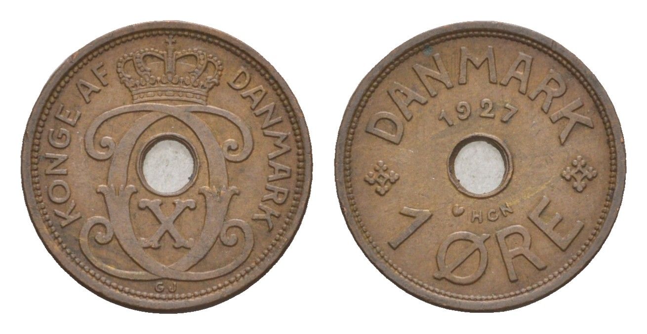 Дания 1 эре 1927 HCN, Кристиан X (1912-1947) KM 826 бронза 4658-136