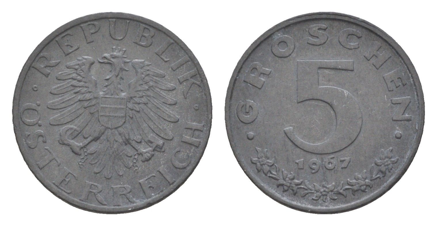 Австрия 5 грошей 1967 KM 2875 цинк 4567-533