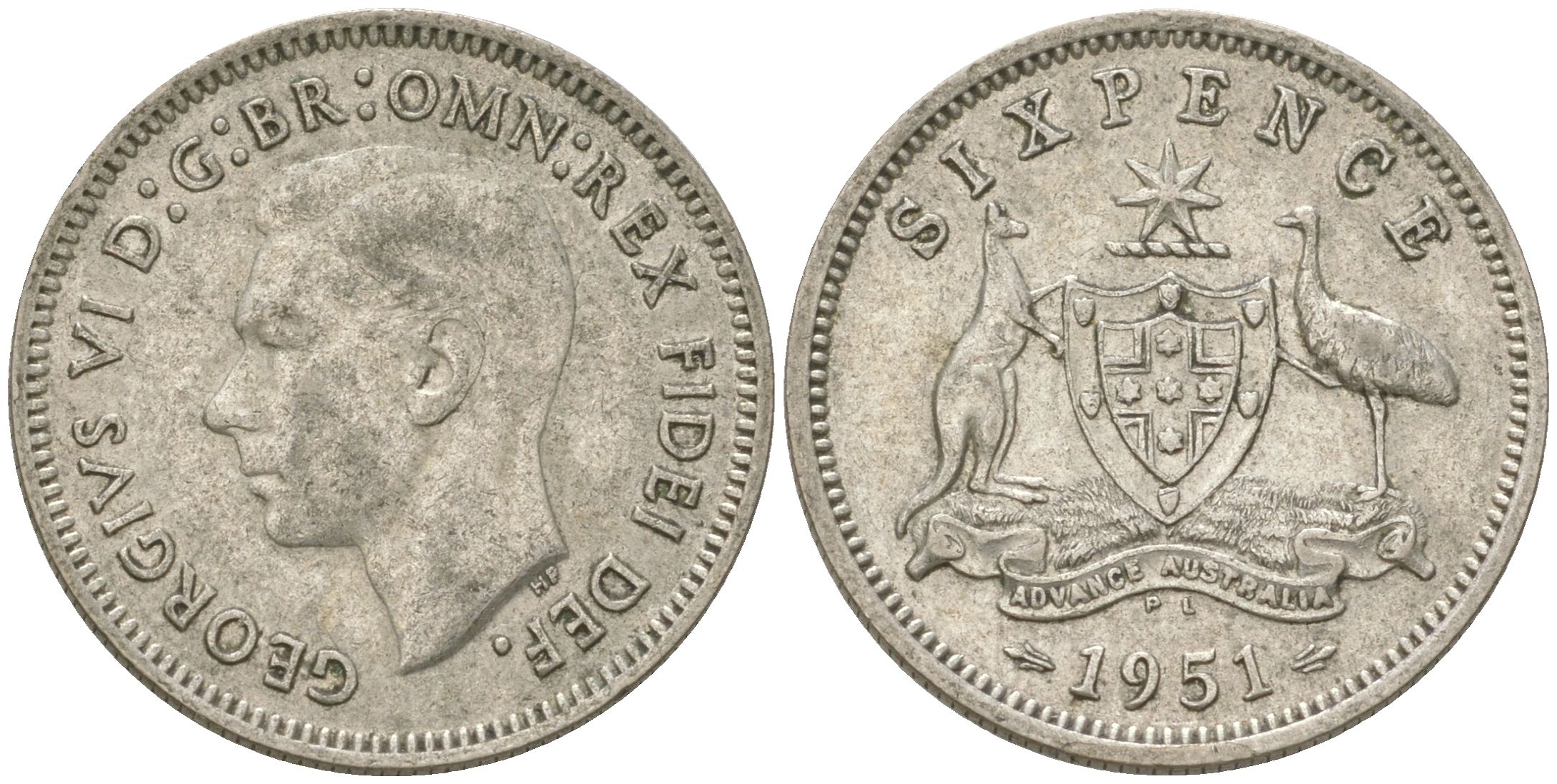 Австралия 6 пенсов 1951 PL, Георг V (1936-1952) KM 45 серебро 4623-238