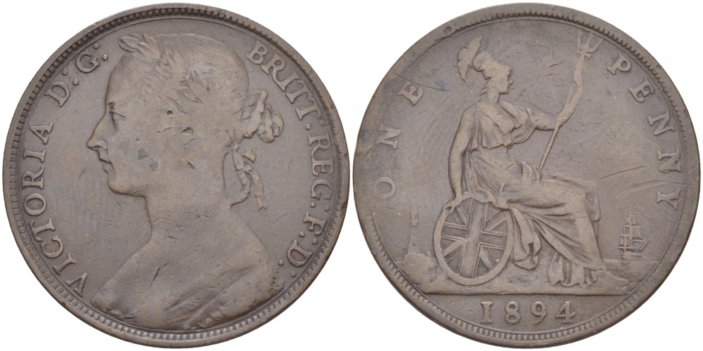 Великобритания 1 пенни 1894 Виктория (1837-1901) KM 755, Spink 3954 бронза 3996-223