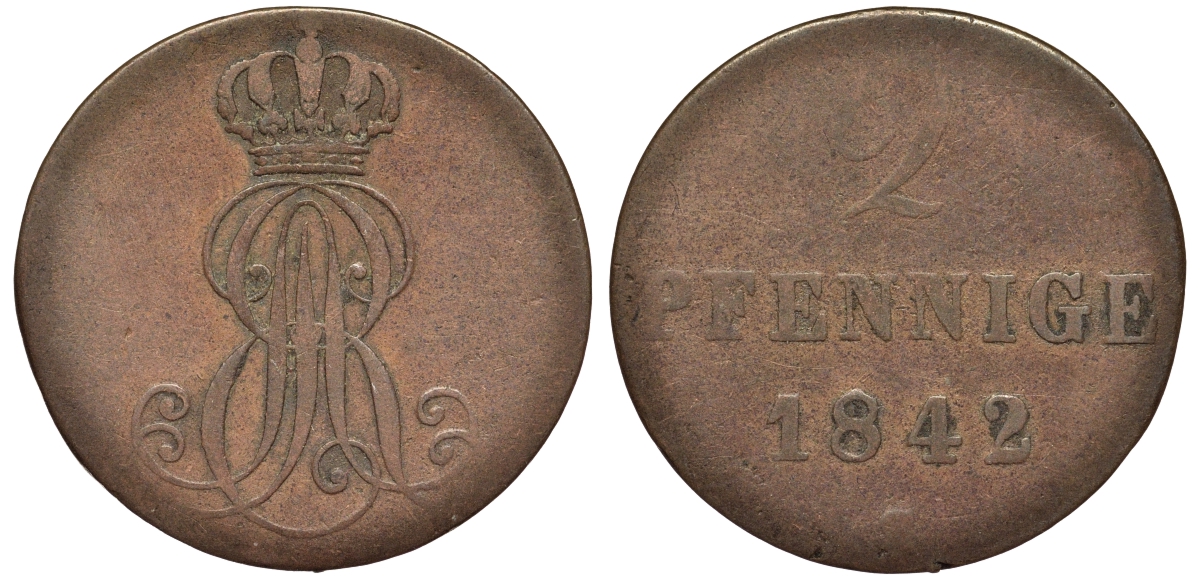 Ганновер 2 пфеннига 1842 S, Эрнст Август (1837-1851) KM 174.2, AKS 123, J. 55 медь 75-1731