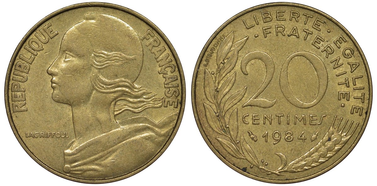 Франция 20 сантимов 1984 тип Marianne KM 930, Le Franс 156.24 медь алюминий никель 4122-146