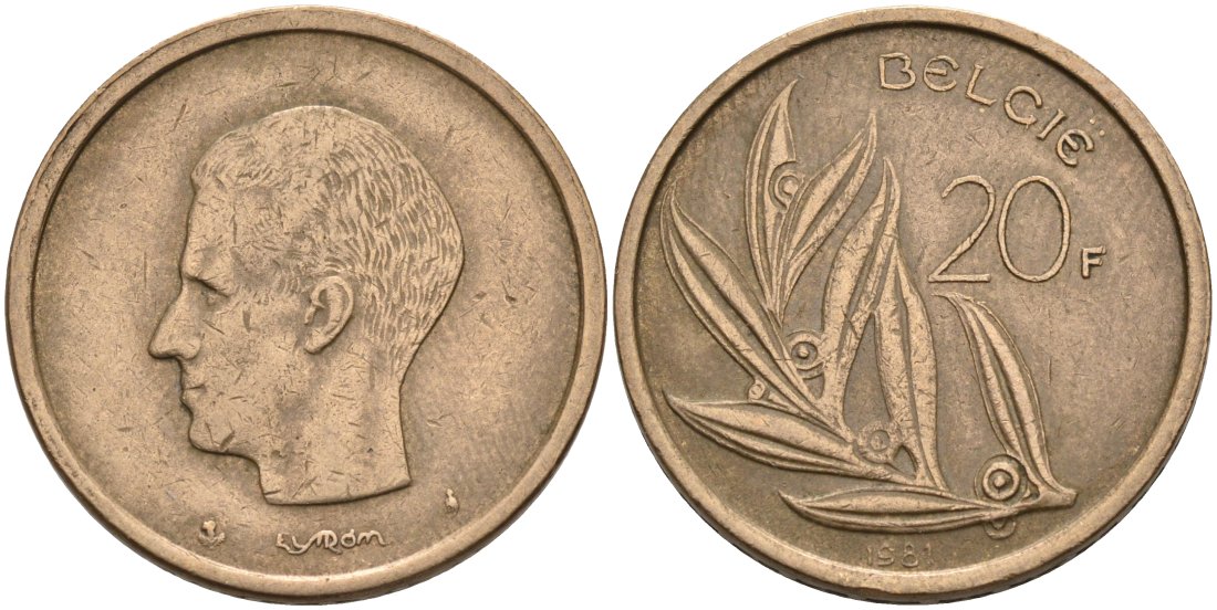БЕЛЬГИЯ 20 ФРАНКОВ 1981 BELGIE KM 160 никель бронза 68-1146