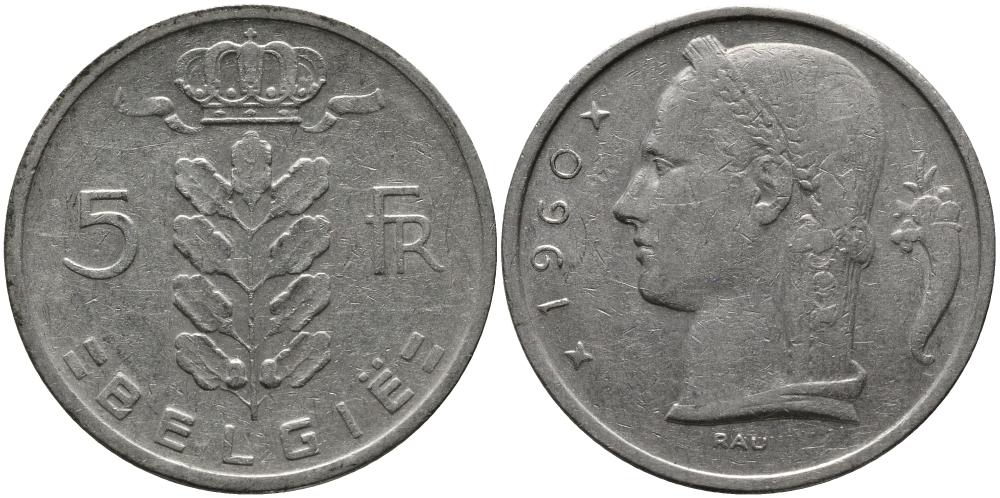 Бельгия 5 франков 1960 Belgie, Бодуэн I (1951-1993) KM 135.1 медно-никель 98-536