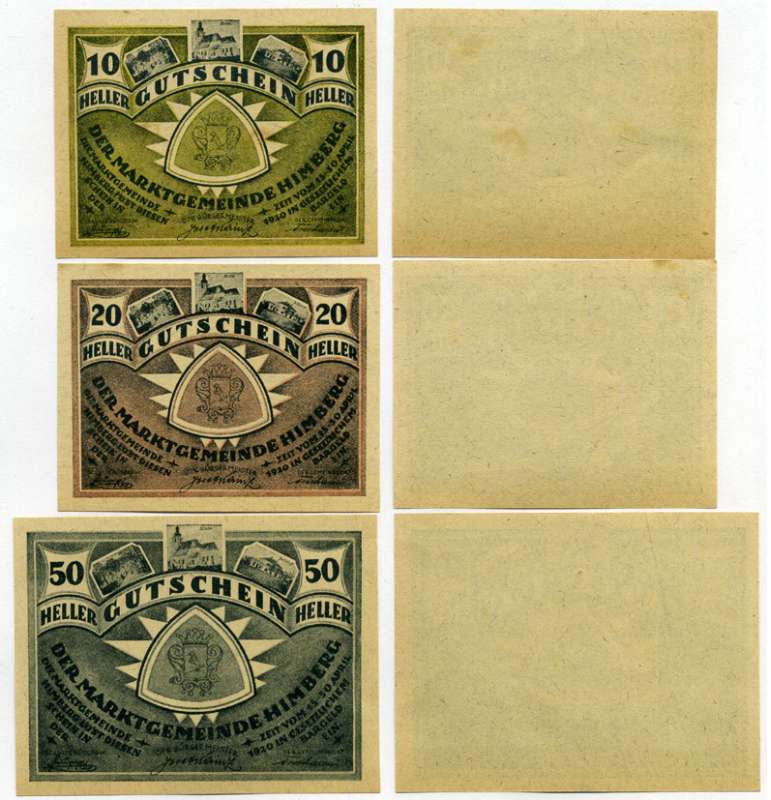 Австрия, Химберг набор из 3 банкнот 10, 20, 50 геллеров 1920 15-30 апреля 1920, нотгельд, ярмарочная коммуна в земле Нижняя Австрия   бумага  UNC (пресс) 7555-24-2-1