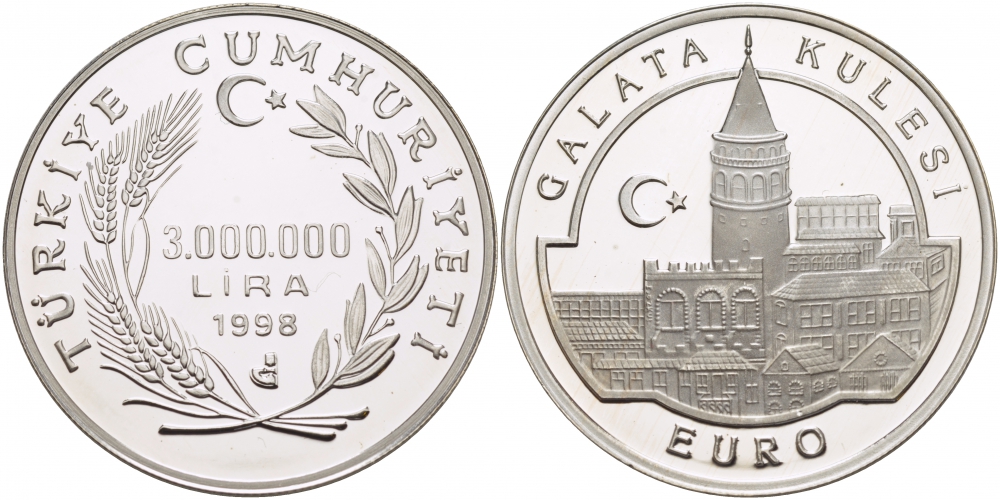 Турция 3000000 лир 1998 Галатская башня (Галата Кулеси), тираж 7843 экземпляра KM 1086 серебро PROOF 1068-4-21