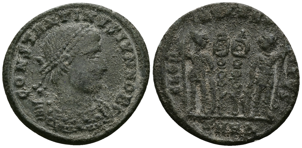 Римская Империя нуммий 330 - 333 Константин II в ранге цезаря GLORIA EXERCITVS Гераклея Good Very fine (степень редкости R4) RIC 70 бронза 1073-6-71