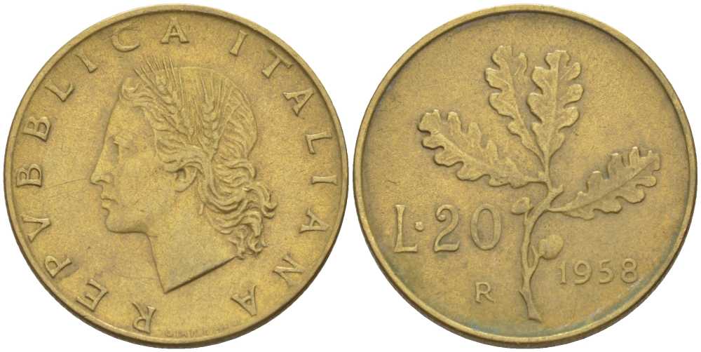ИТАЛИЯ 20 ЛИР 1958 R, ДУБОВЫЙ ЛИСТ KM 97.1 алюминиевая бронза 113-1252