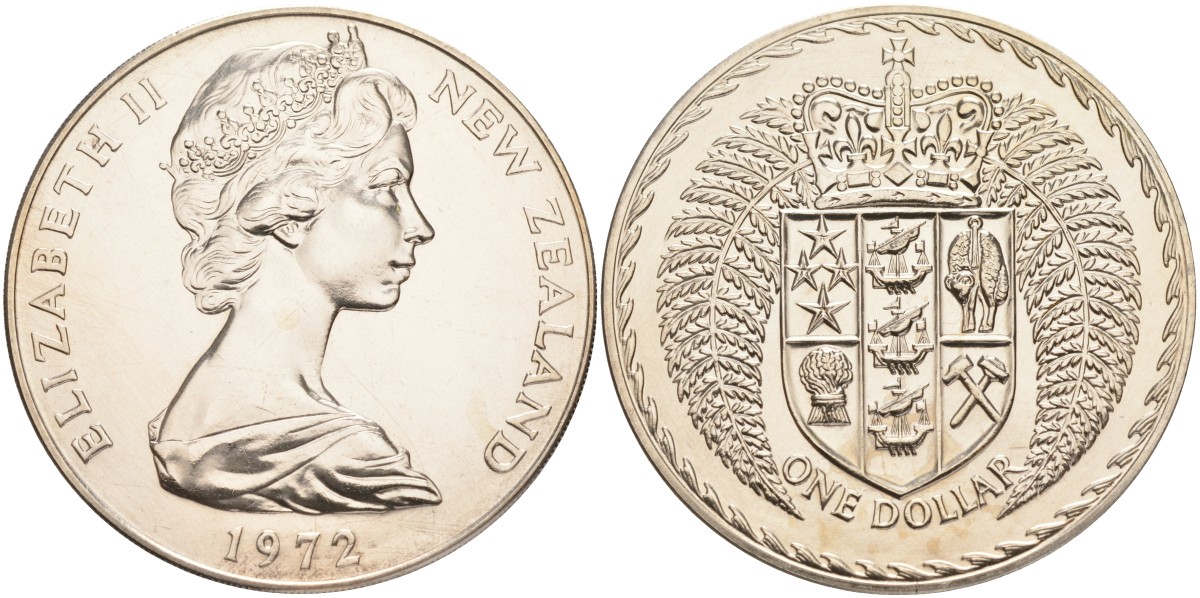Новая Зеландия 1 доллар 1972 герб Новой Зеландии, Елизавета II (1952-2022) KM 38.2 медно-никель UNC 4552-1121