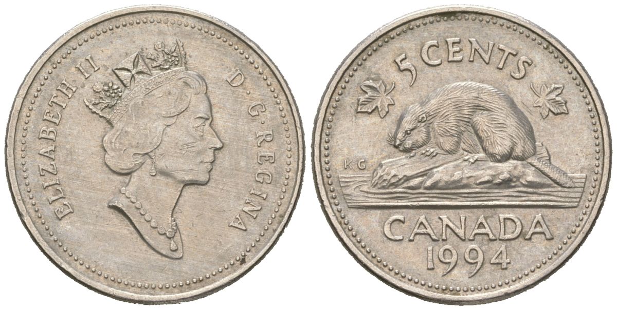 Канада 5 центов 1994 Елизавета II (1952-2022), бобер KM 182 медно-никель UNC 4385-825