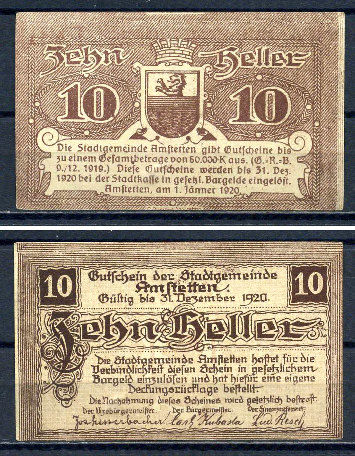 Амштеттен (Австрия) 10 геллеров 1920 бумага UNC (пресс) 7556-35-4-1