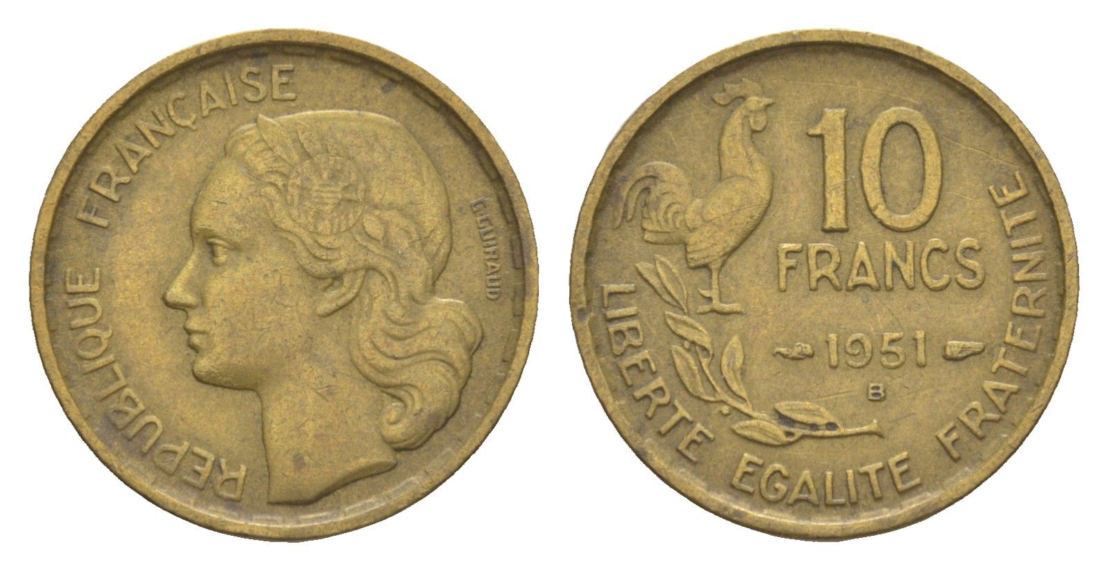 Франция 10 франков 1951 B KM 915 алюминиевая бронза 4174-915