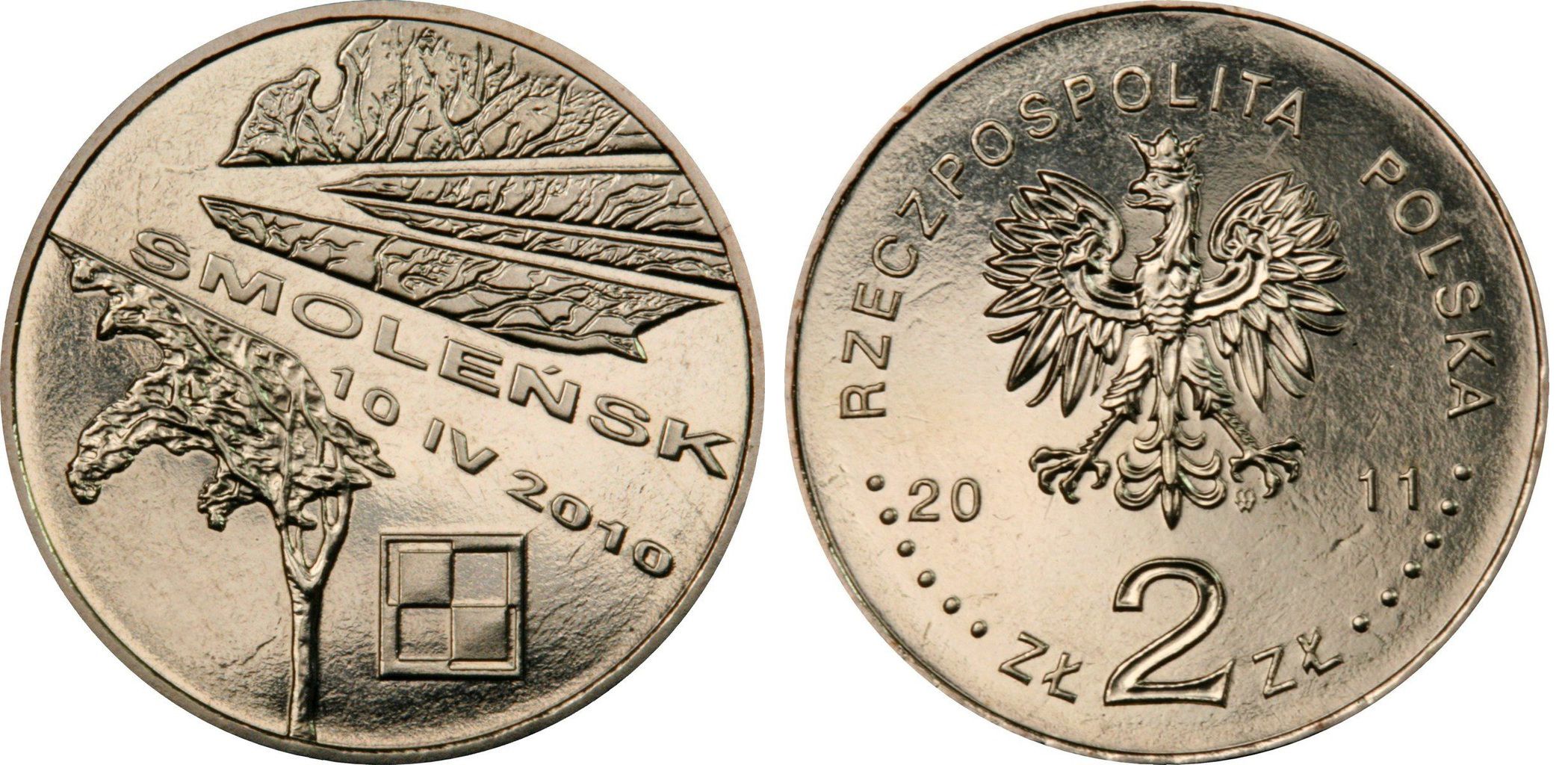 Польша 2 злотых 2011 MW, авиакатастрофа президентского самолета в Смоленске 10.IV.2010 KM 769 нордик UNC 4513-522