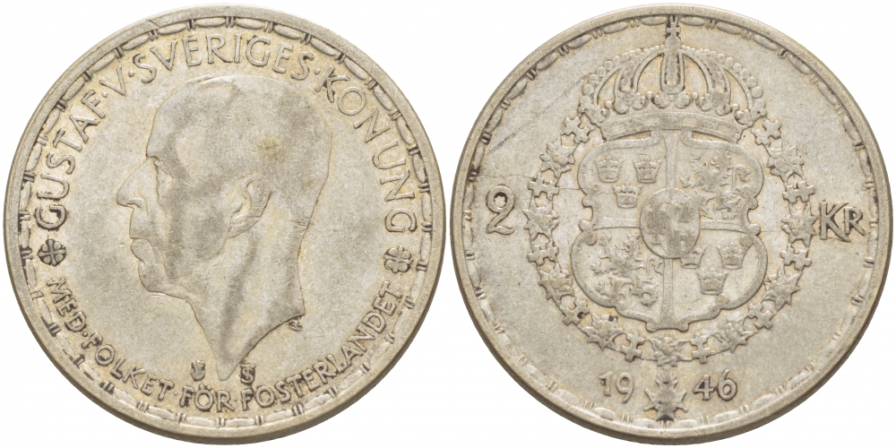 Швеция 2 кроны 1946 TS, Густав V (1907-1950) KM 815 серебро 3457-136