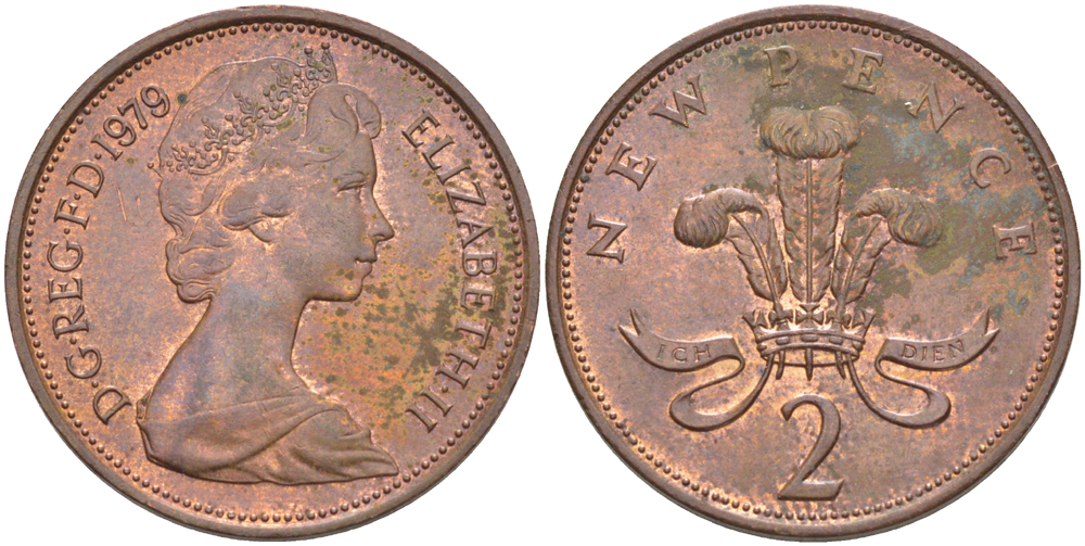 Великобритания 2 пенса 1979 Елизавета II (1952-2022) KM 916, Spink 4235 (C1) бронза 83-616