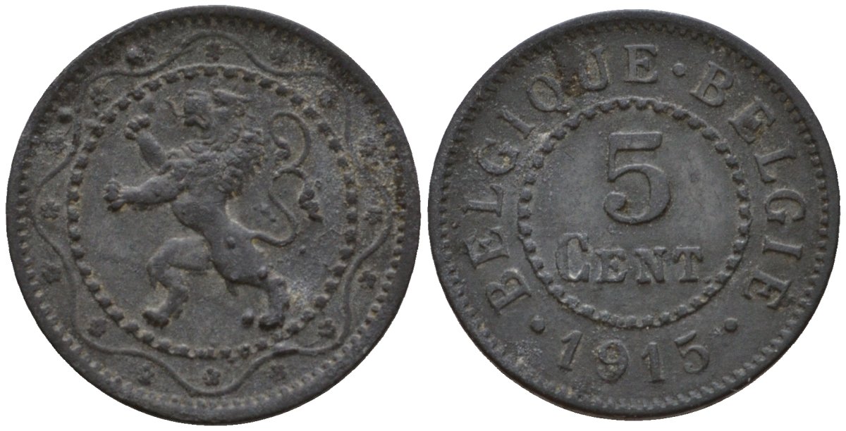 Бельгия 5 сантимов 1915 германская оккупация первая мировая война, Альберт I (1910-1934) KM 80 цинк 4556-1143