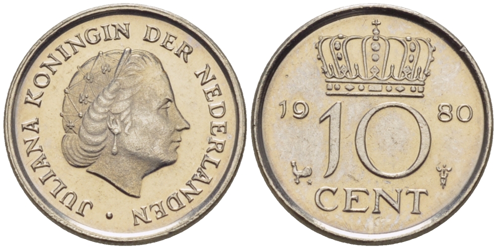 Нидерланды 10 центов 1980 Юлиана (1949-1980) KM 182 никель 66-432