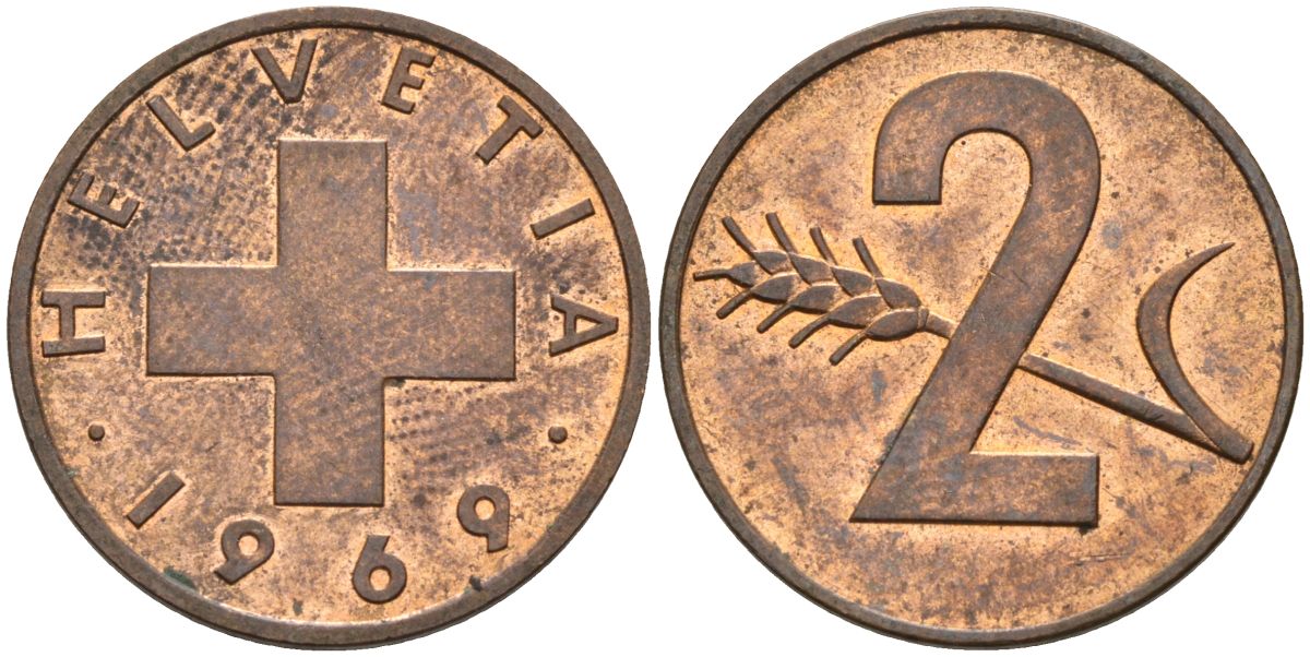 Швейцария 2 раппена 1969 KM 47 бронза 4592-547