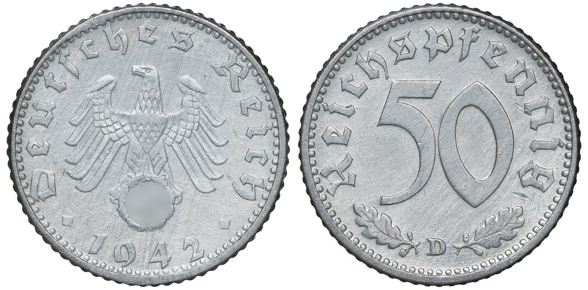 Германия 50 рейхспфеннигов 1942 D KM 96, J. 372 алюминий UNC 72-1326