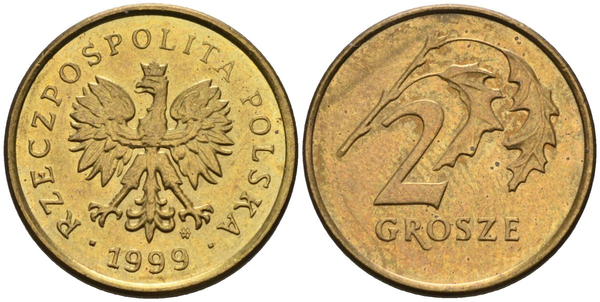 Польша 2 гроша 1999 MW KM 277, Parchimowicz 702f латунь 4580-521