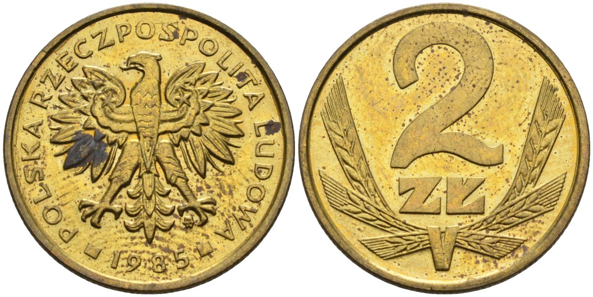Польша 2 злотых 1985 MW, Народная Республика KM 80.1, Parchimowicz 217l латунь UNC 4580-754