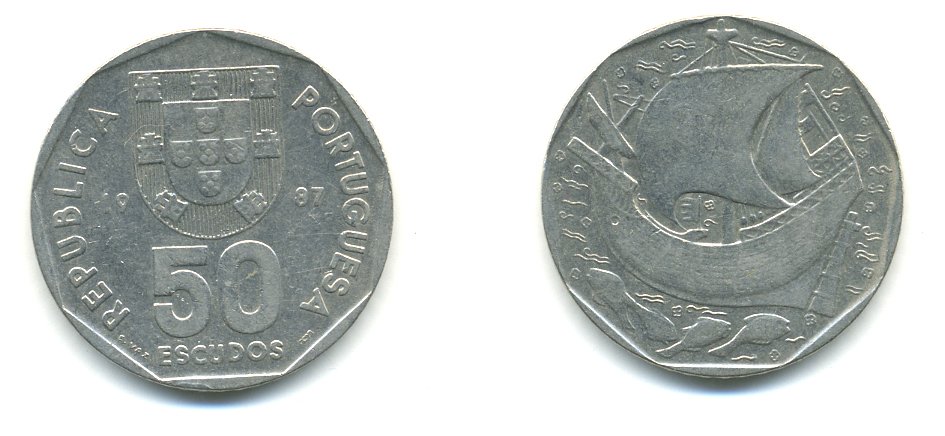 ПОРТУГАЛИЯ 50 ЭСКУДО 1987 КОРАБЛЬ KM 636 медно-никель 56-1131