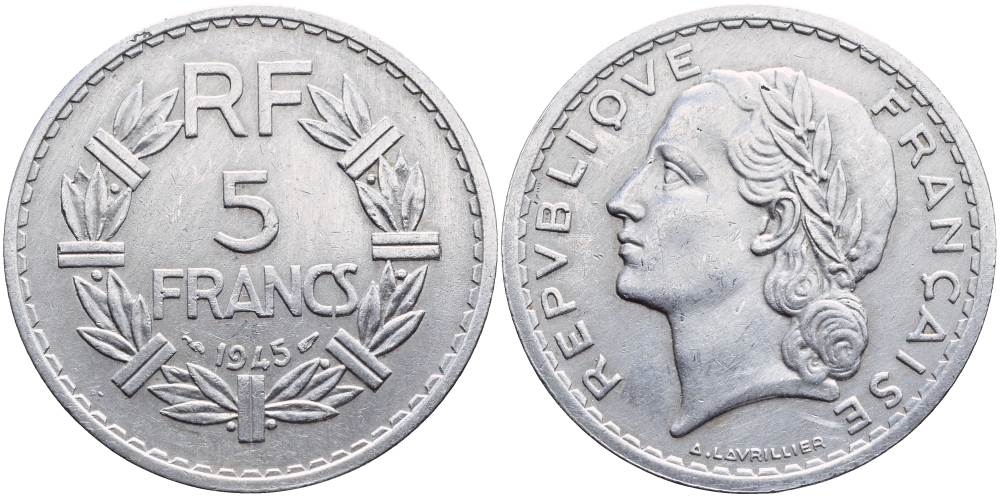 Франция 5 франков 1945 KM 888b.1, Le Franc 339.3 алюминий aUNC 4526-512