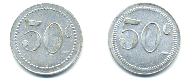 ФРАНЦИЯ 50 САНТИМОВ НАЧАЛО XX ВЕКА d 24 мм, вес около 1,0 гр., платежный жетон алюминий 89-1012