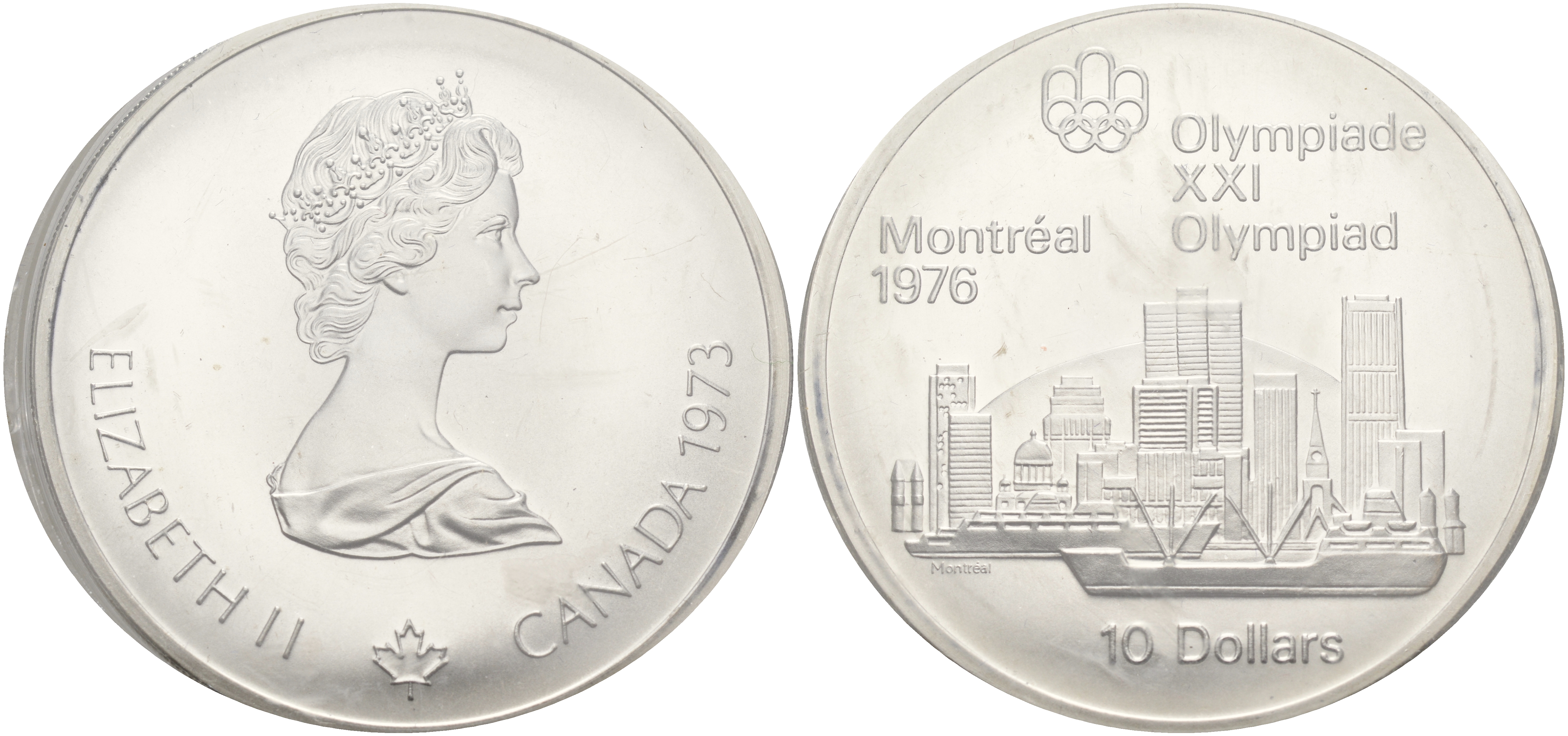 Канада 10 долларов 1973 XXI летние Олимпийские игры в Монреале 1976 года, вид на город KM 87 серебро UNC 01-161-23