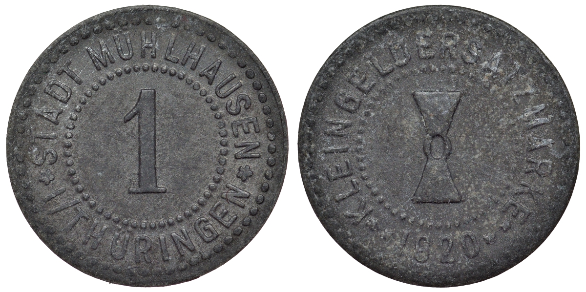 Мюльхаузен в Тюрингии 1 пфенниг 1920  Funck 342.13, Men18 21432.17 цинк     4118-1015