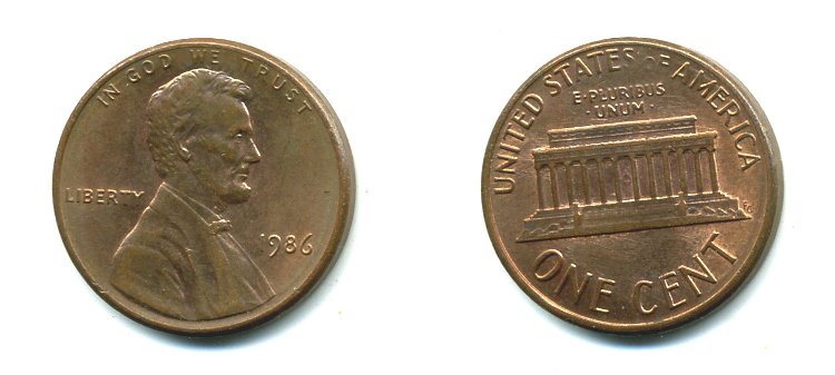 США 1 ЦЕНТ 1986 KM 201b цинк плакированный медью 46-742