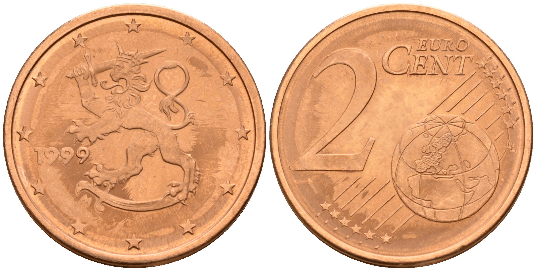 Финляндия 2 евроцента 1999  KM 99 сталь плакированная медью  UNC  4160-347
