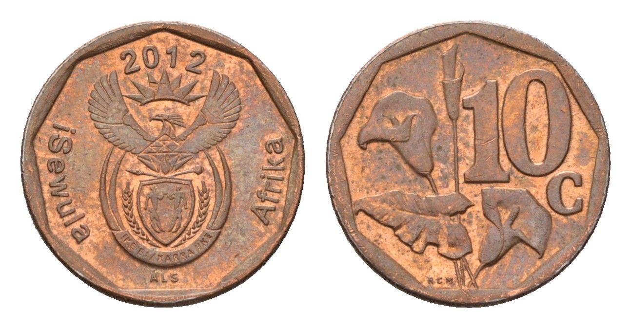 ЮАР 10 центов 2012 герб, цветок алоэ KM 530 сталь плакированная медью 4178-149