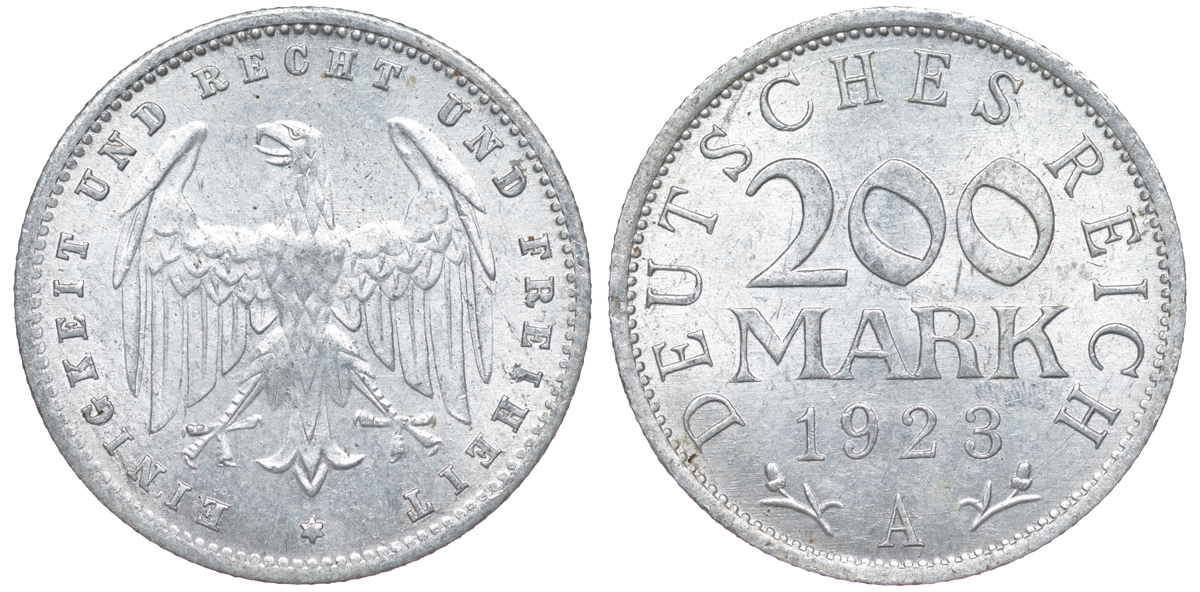 Германия 200 марок 1923 A KM 35, J. 304, Weege 22 алюминий 4604-546