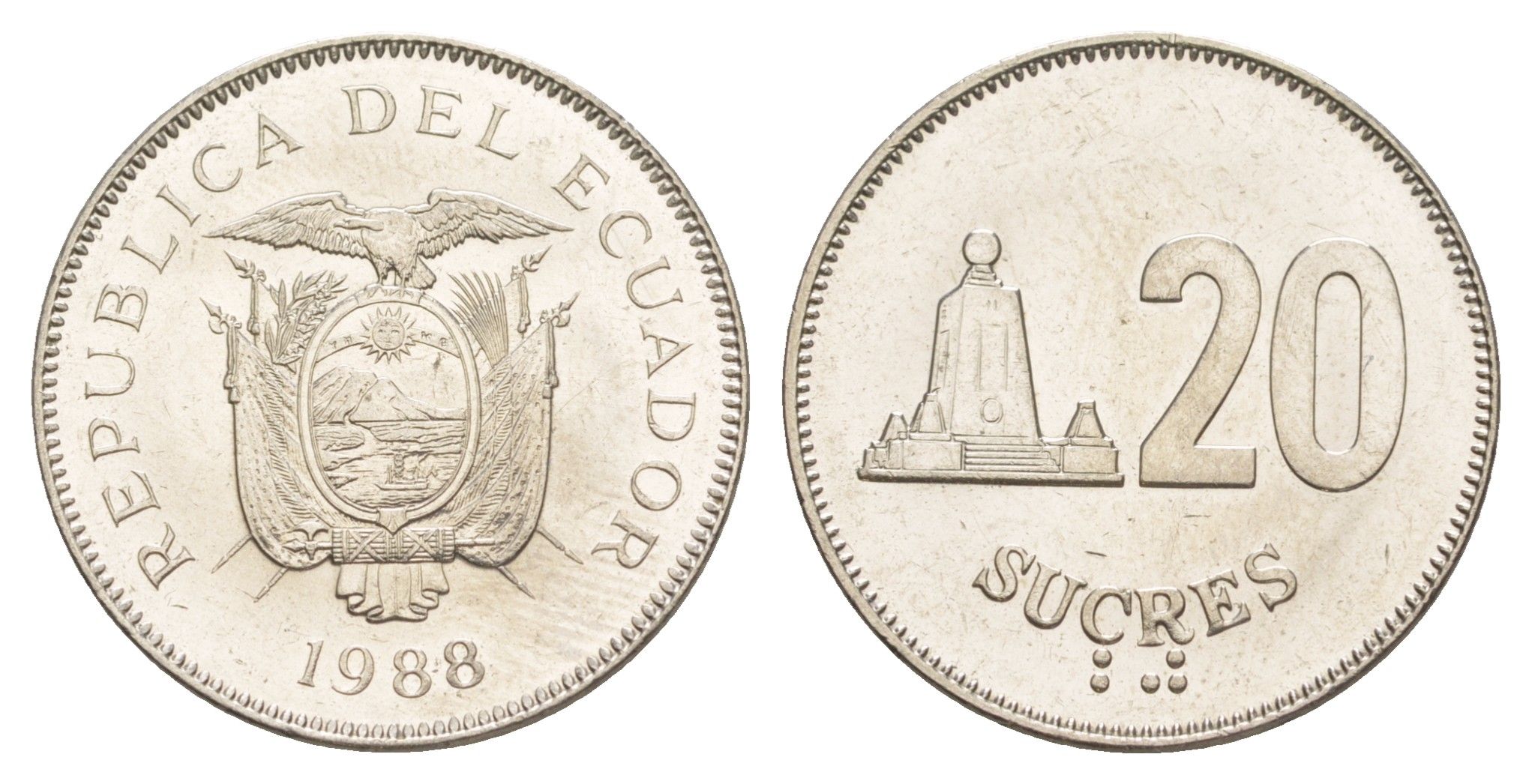 Эквадор 20 сукре 1988 KM 94.1 сталь плакированная никелем UNC 4641-717