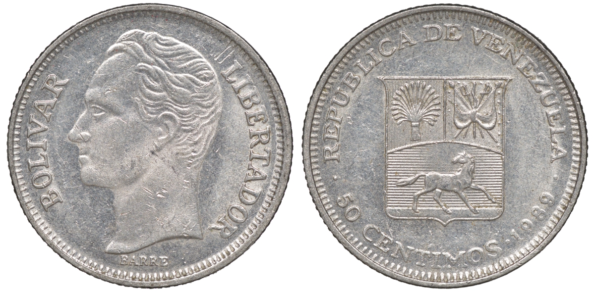 Венесуэла 50 сентимо 1989 Y 41a сталь плакированная никелем 4606-335