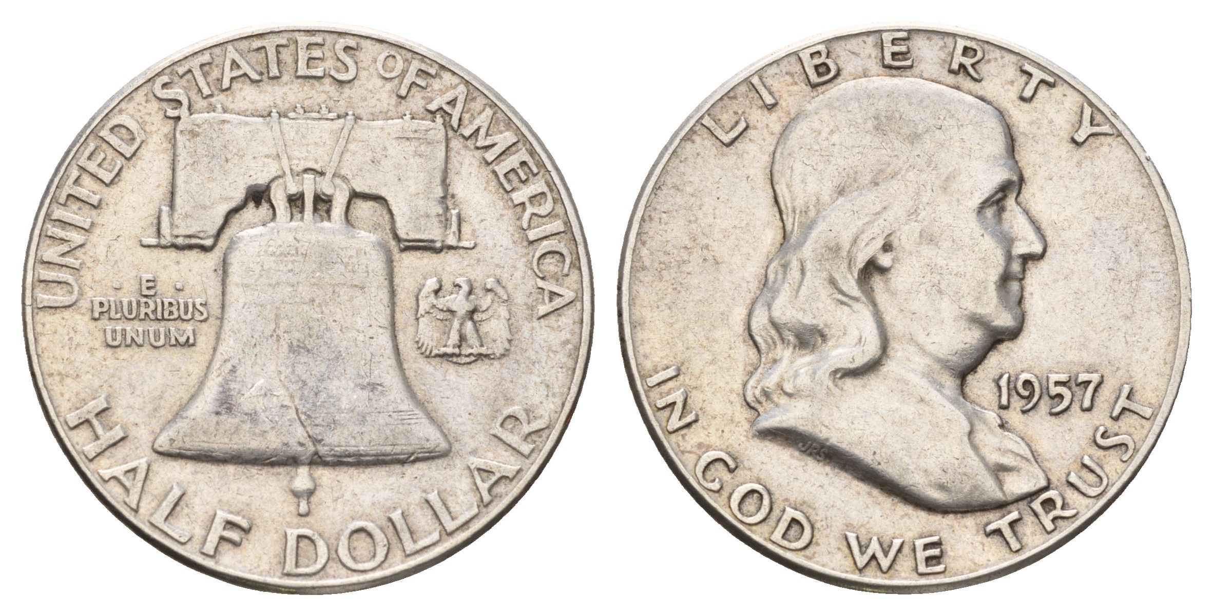 США 1/2 доллара (50 центов) 1957 Бенджамин Франклин, колокол KM 199 серебро 1530-1333