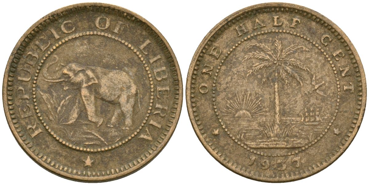 Либерия 1/2 цента 1937 KM 10 латунь 4174-342