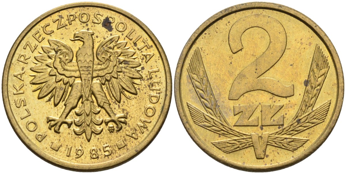 Польша 2 злотых 1985 MW, Народная Республика KM 80.1, Parchimowicz 217l латунь UNC 4580-752