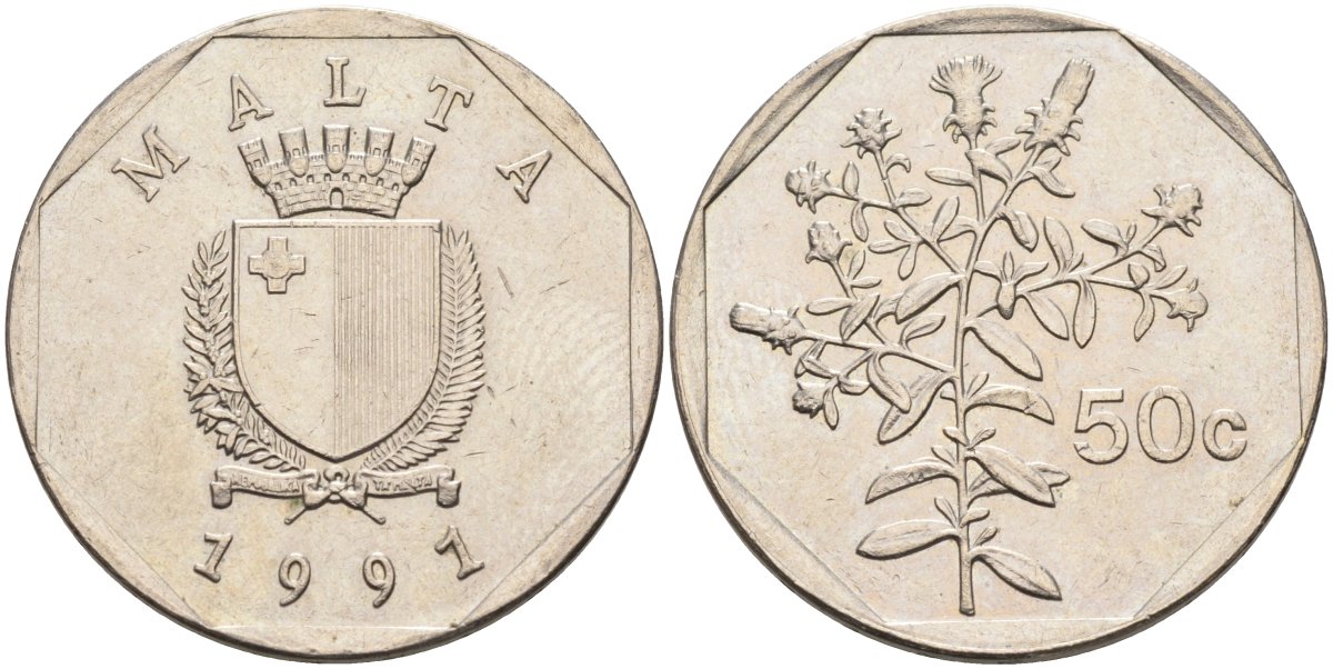 Мальта 50 центов 1991 девясил KM 98 медно-никель 216-744
