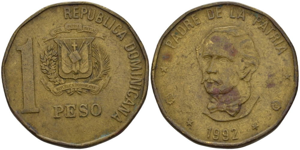 Доминиканская Республика 1 песо 1992 Хуан Пабло Дуарте KM 80.1 медь цинк 31-512